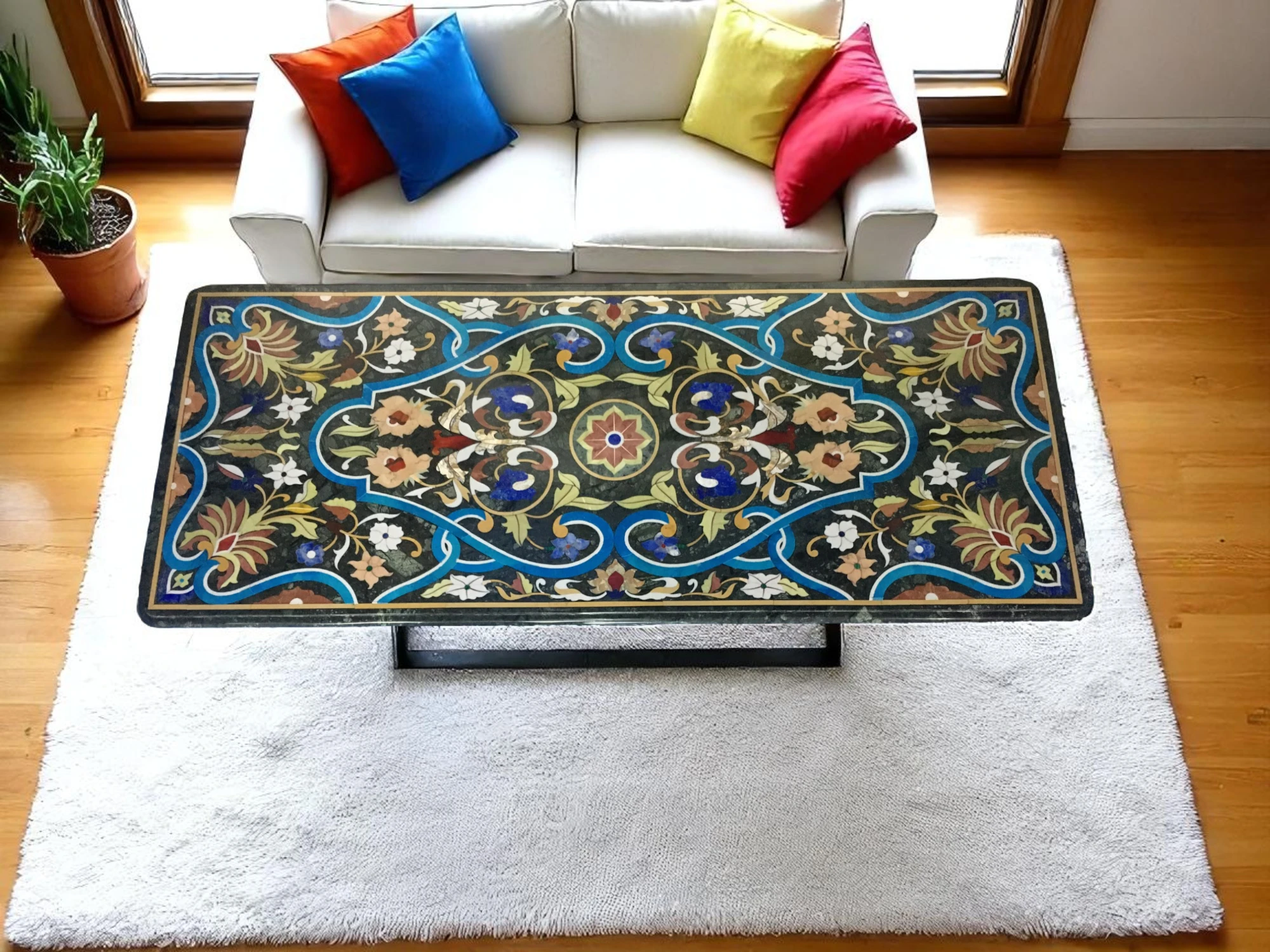 Luxury Marble Inlay Side Table Handcrafted with Semi-Precious Stones